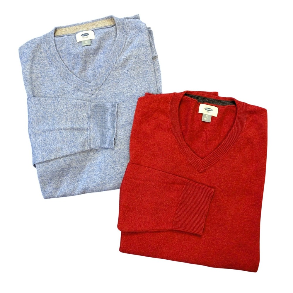 Old Navy V-Neck Cotton Pullover Sweater Mens XL 2 Pack Bundle Blue Red Preppy